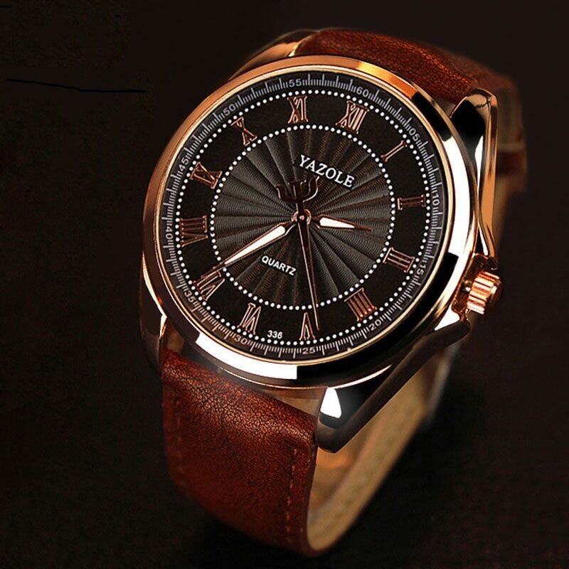Yazole 336 Mens Quartz Water Resistance Rhinestone Golden Bezel Leather Wrist Watch (Brown) Malaysia