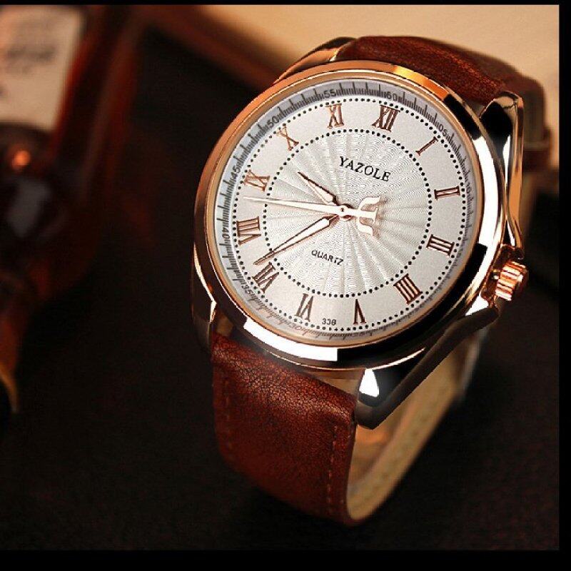 Yazole 336 Mens Quartz Water Resistance Rhinestone Golden Bezel Leather Wrist Watch (White&Brown) Malaysia