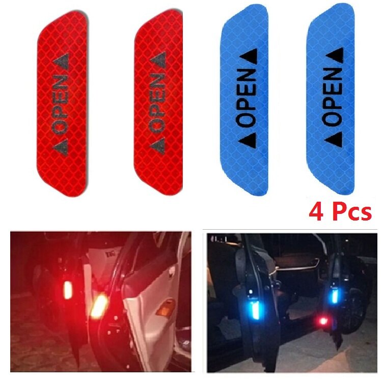 4Pcs Warning Mark Reflective Tape Car Door Sticker Decals OPEN Sign Safety Reflective Strips Universal Exterior Accessories