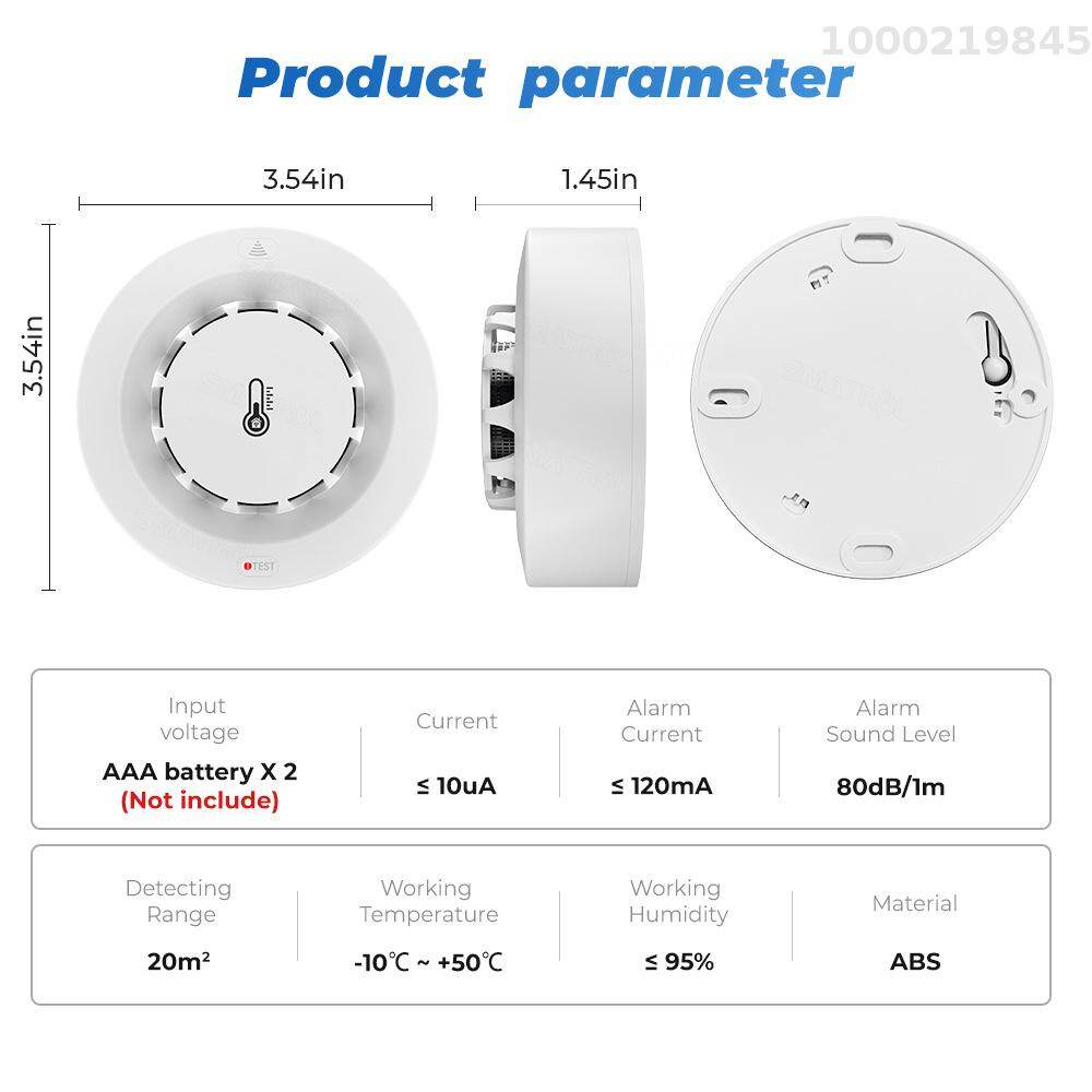 Cảm biến thông minh tuya Wifi BT hai kết nối máy dò khói nhiệt độ độ ẩm thiết bị đo lường 80dB báo động âm thanh với điện thoại di động ứng dụng từ xa đẩy cảnh báo chức năng tương thích với Alexa và Google nhà điều khiển bằng giọng nói