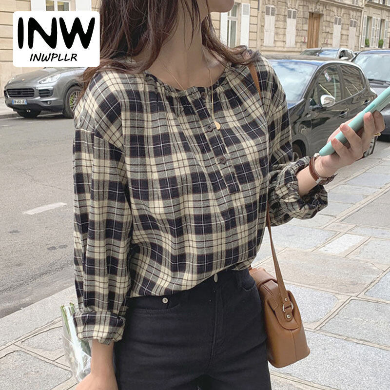 INWPLLR Autumn Plaid Blouses Shirts Women's Fashion Chic O-neck Shirt Korean Long Sleeve Tops Female Checkered Chiffon Blouse Women