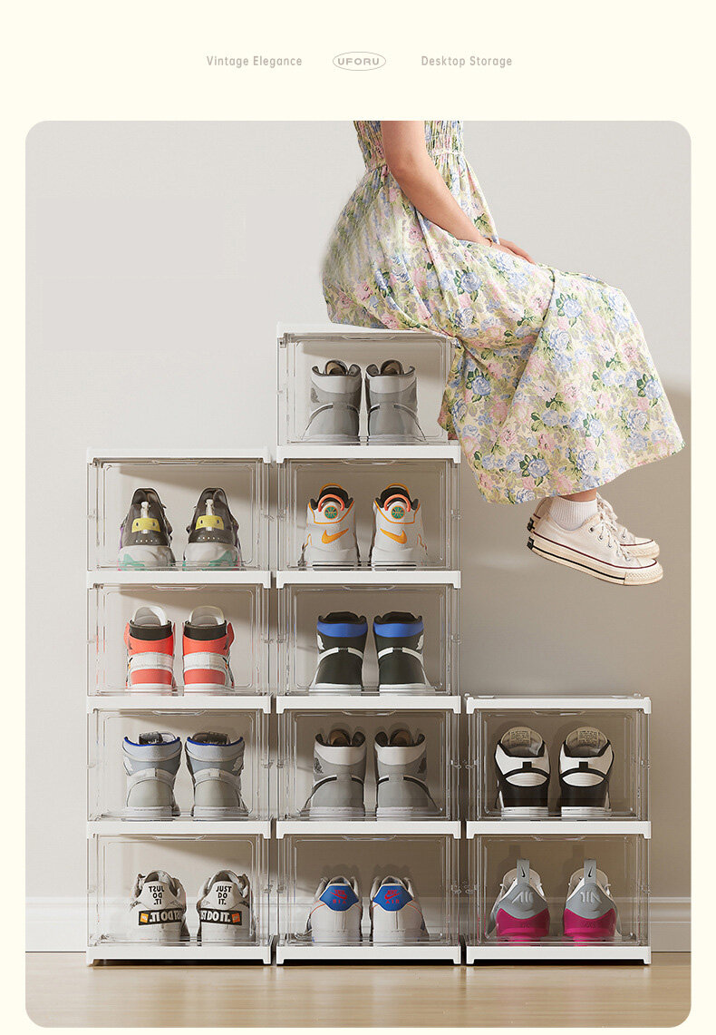 Transparent folding shoe box multi-layer shoe storage box integrated installation-free household shoe cabinet plastic shoe rack display stand