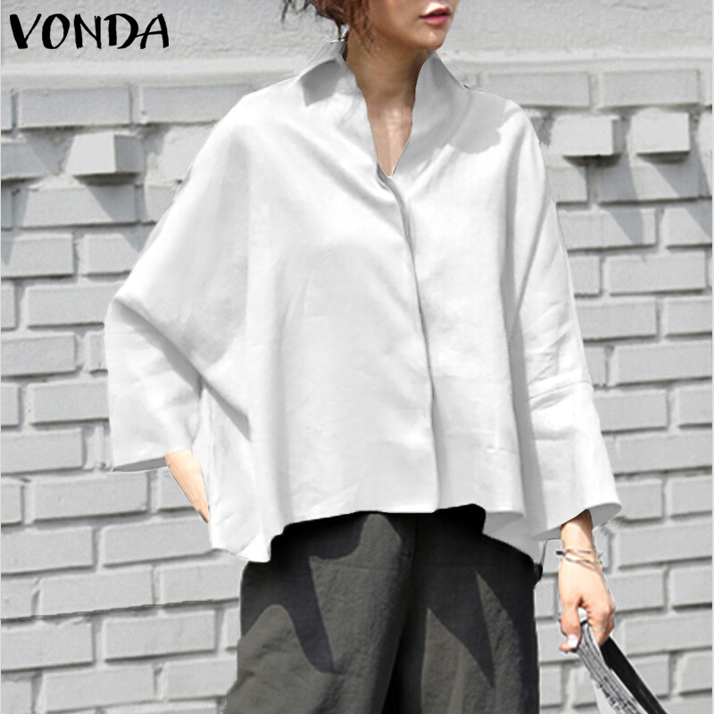 VONDA Womens Long Sleeve Casual Plain Blouse Office OL Shirt Plus Size Basic Tops Tee Plus Size (Korean Causal)