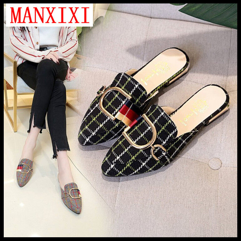 MANXIXI Brand Korean Version Slippers Fashion Mules Shoes Beautiful Plaid