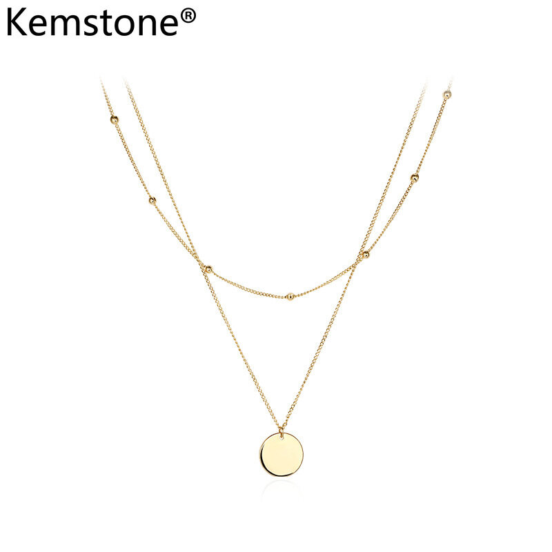 Kemstone Simple Ins Style Gold Plated Round Piece Pendant Double Layers Choker Necklace for Women
