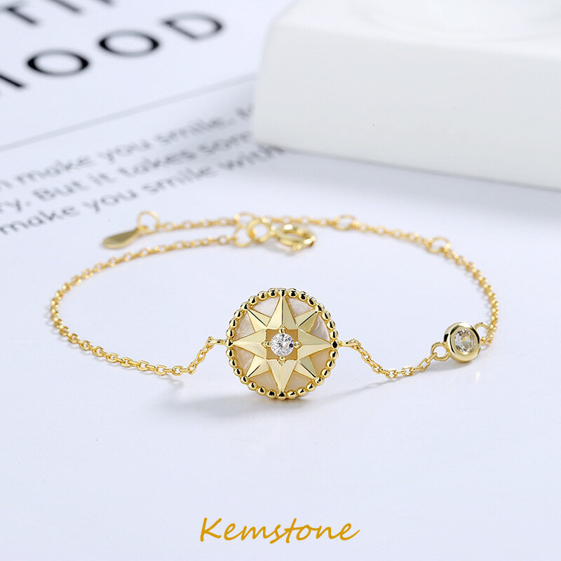 Kemstone Trendy S925 Sterling Silver Gold Plated Shiny Crystal Zircon Shell Eight Pointed Star Compass Link Bracelet for Women Jewelry Gift