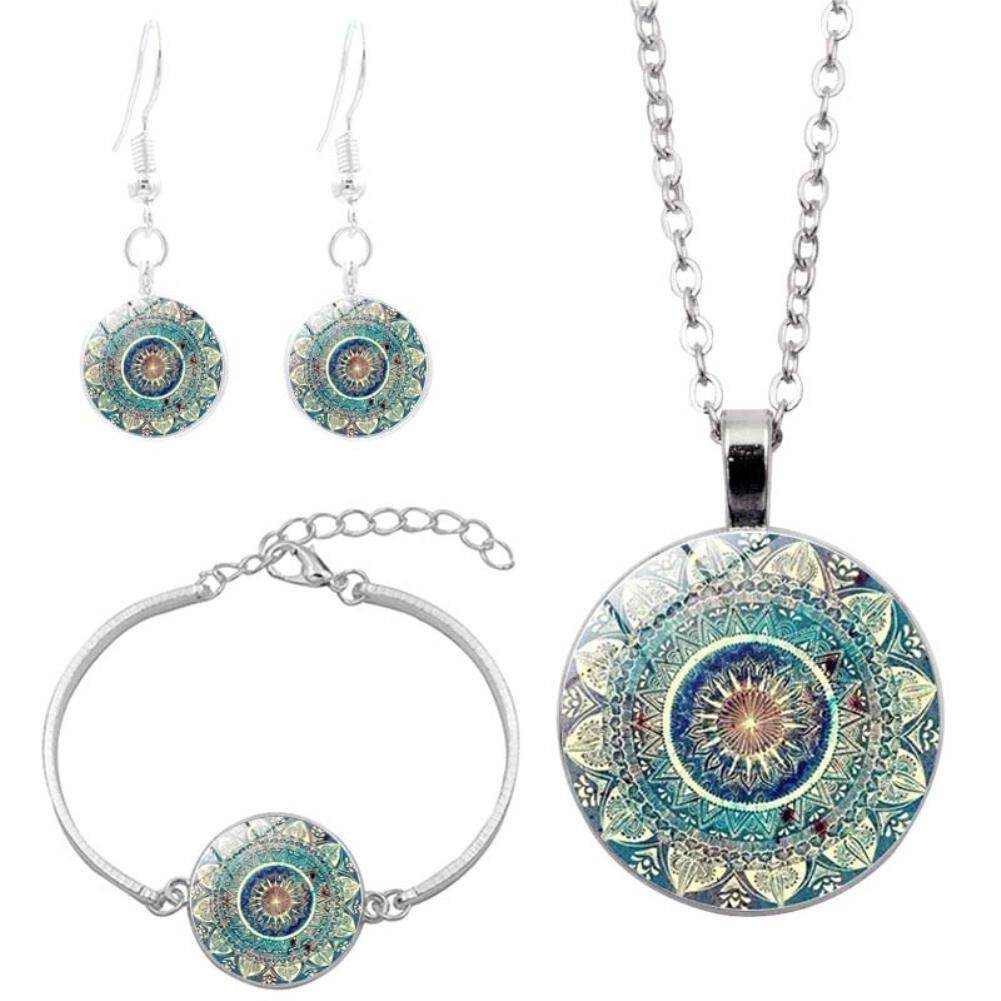 Gravitational wave Women Glass Cabochon Pendant Mandala Necklace Bracelet Earrings Jewelry Set Gift