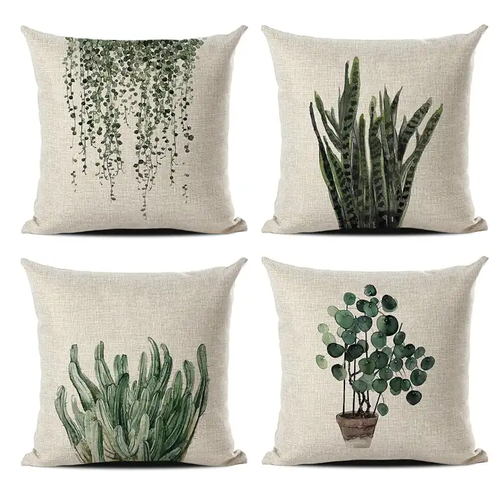 4 Pack Green Potted Plant Throw Pillow Covers Cases Cotton Linen