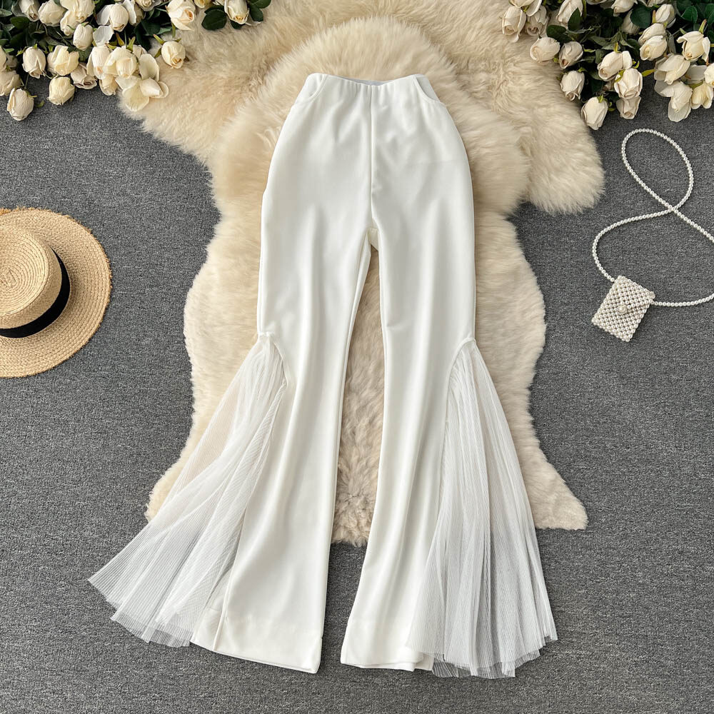 Chic Fashion European and American Tide Brand Pants Women's Design Sense Niche Mesh Stitching Flared Pants Fashion Costumes Dance Pants Tide Summer