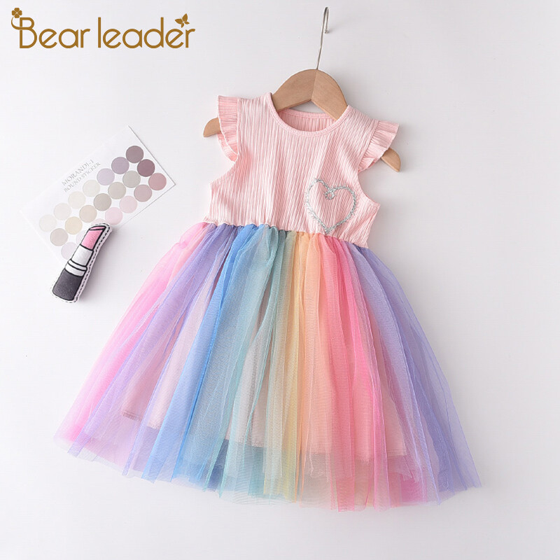 Bear Leader Girls Colorful Dress New Summer Party Dresses Kids Rainbow Mesh Costumes Cute Vestidos Outfits Children Clothing