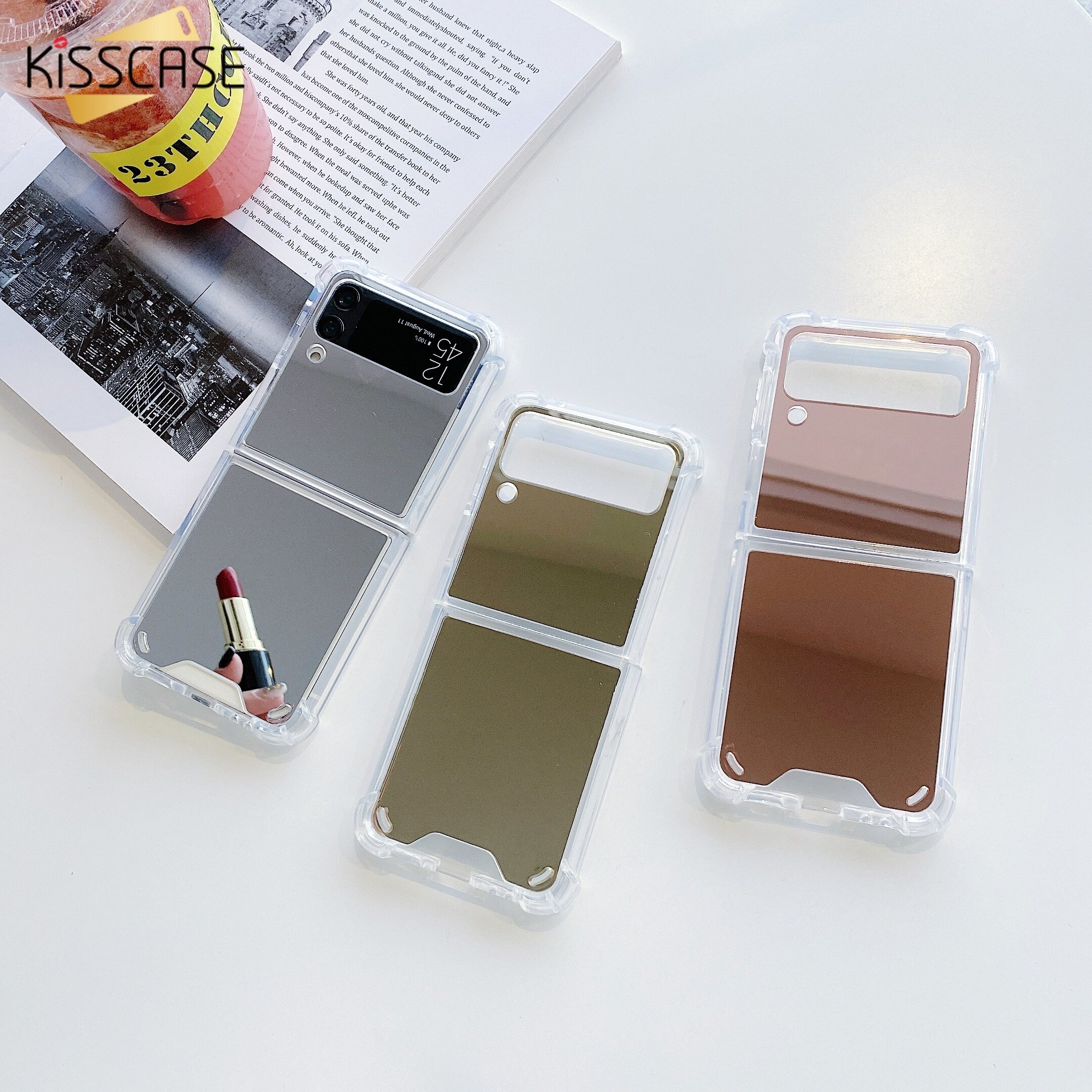 KISSCASE For Galaxy Z Flip 6 5 4 3 5G TPU Full View Mirror Phone Case Rose Gold Silver Makeup Shockproof Protective Silicon Cover Case For Samsung Galaxy Z Flip 6 5 4 3
