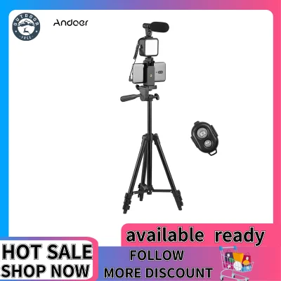 Andoer Phone Vlog Video Kit with Height Adjustable Tripod Phone Holder with Cold Shoe Microphone LED Video Light Remote Shutter for Phone Camera Video Making