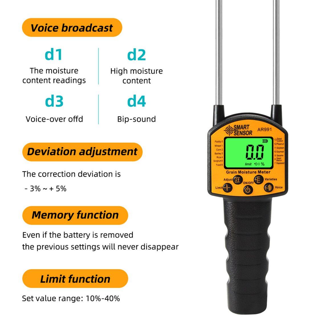 OH Digital Moisture Meter Cereal Moisture Meter AR991 Smart Sensor For Use In Corn Wheat Rice Grains Wheat Flour Monkfish Seed