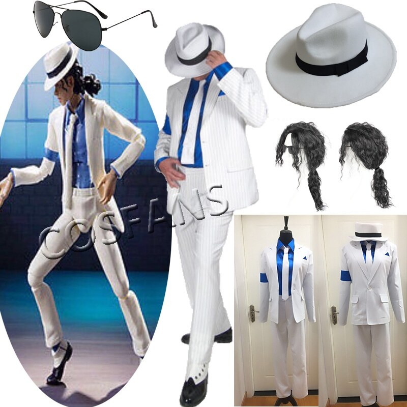 Michael Cosplay Jackson Smooth Criminal Suit Michael Jackson Cosplay Costume  top pants shirt tie hat strap Halloween Wig glasses | Lazada