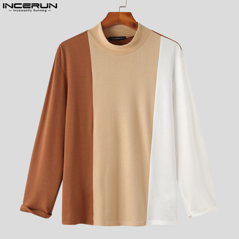 INCERUN Mens Warm Long Sleeve Mock Neck Patchwork Shirts Casual Pullover Tops Blouse