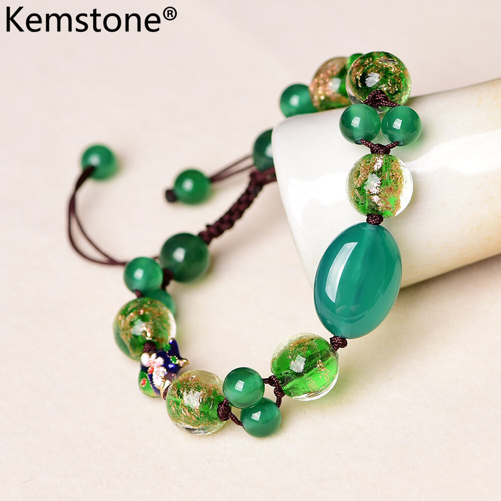 Kemstone Fashion Woven Rope Natural Green Agate BeadsFish Bracelet Jewelry Gift for Women Girls
