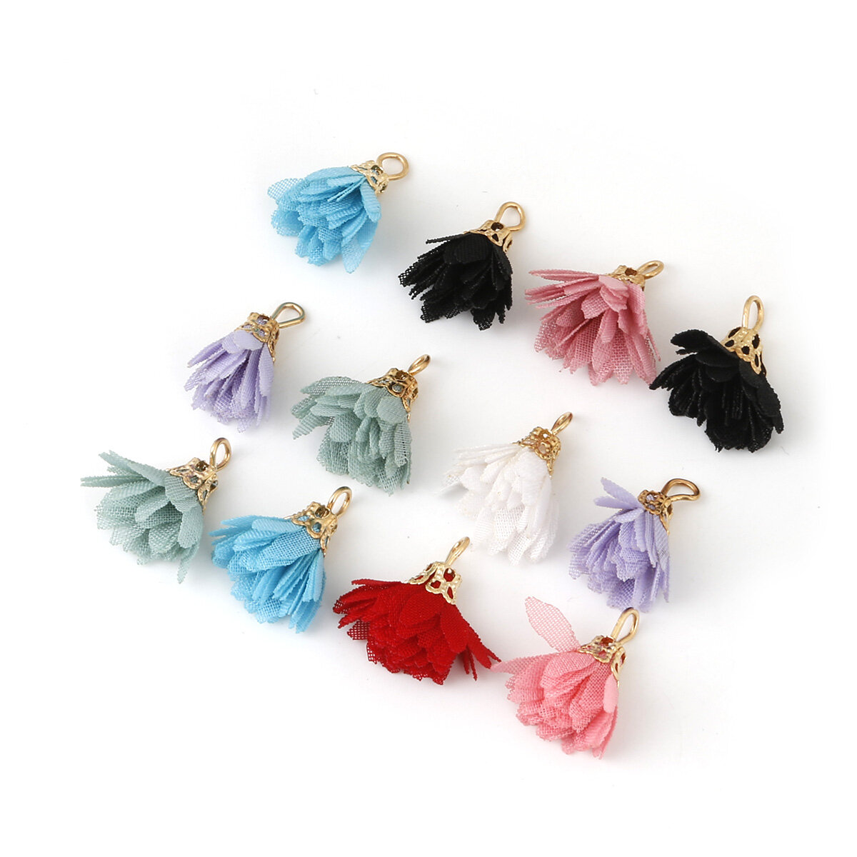 10pcs Colorful Mixed Cloth Fabric Flower Tassels Charm Pendant for Earrings Jewelry Making DIY Crafts Making