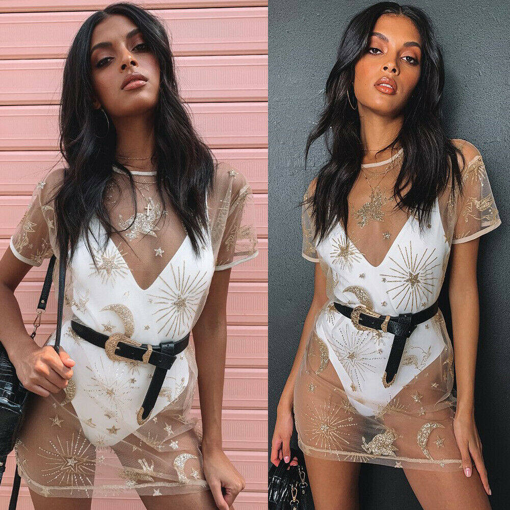 Women Glitter Sequin Sheer Bikini Cover Ups See Through Beach Dress