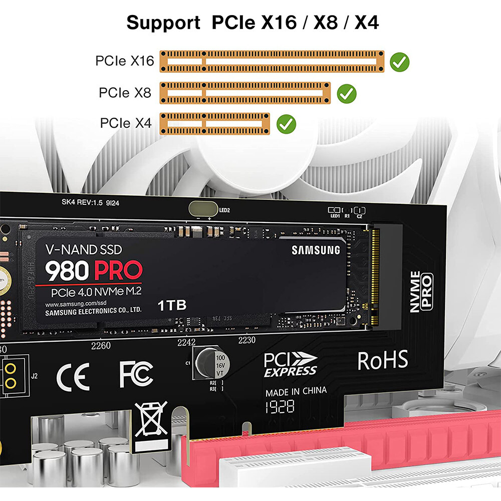 Jeyi PCIe để NVMe Adapter với nhôm SSD Tấm tản nhiệt làm mát, 64gbps M.2 SSD gen4 PCIe 4.0 x4 x8 X16 bo mạch mở rộng cho máy tính để bàn
