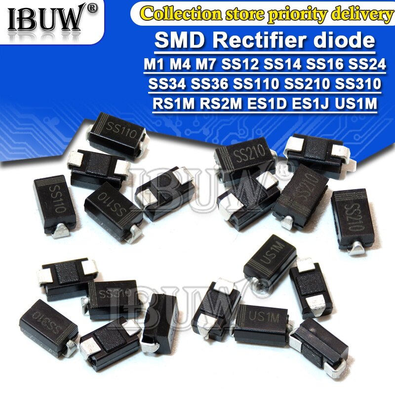 100pcs整流二极管m1 m4 m7 ss12 ss14 ss16 ss24 ss34 ss36 ss110 ss210 ss210 us1m rs2m es1d do-214ac肖特基二极管