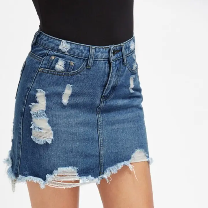 distressed blue denim skirt