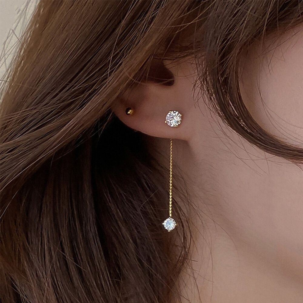 Gifts Korean Simple Delicate Two wear Temperament Zircon Earrings Jewelry Long Tassel Stud Earrings