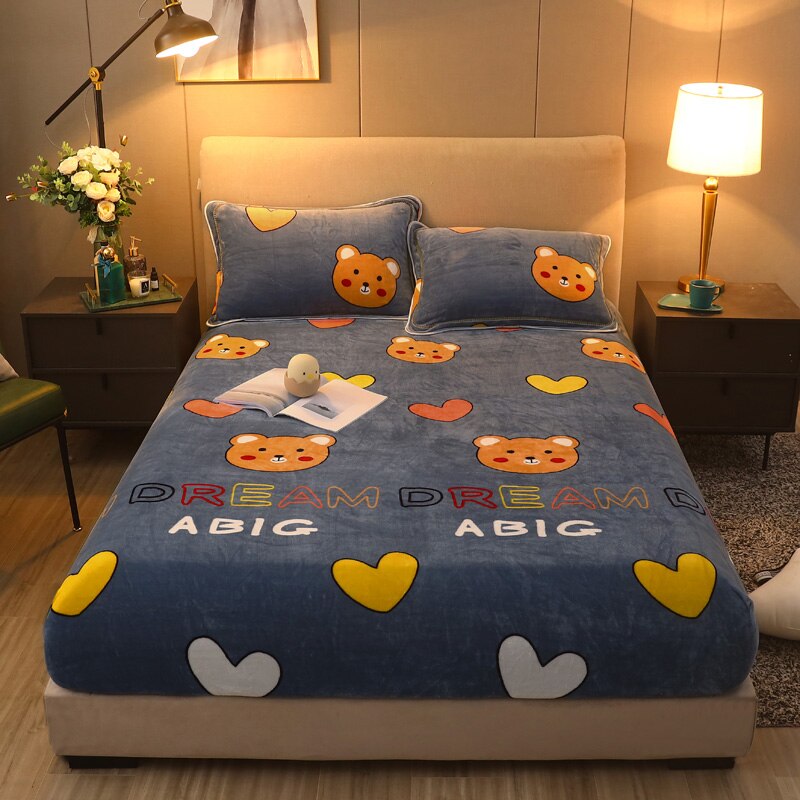 Velvet Elastic Fitted Sheet Home Bed Sheet Queen Size Winter Warm Flannel Cartoon Mattress Cover Double Queen King Bedspread（Without pillowcase）