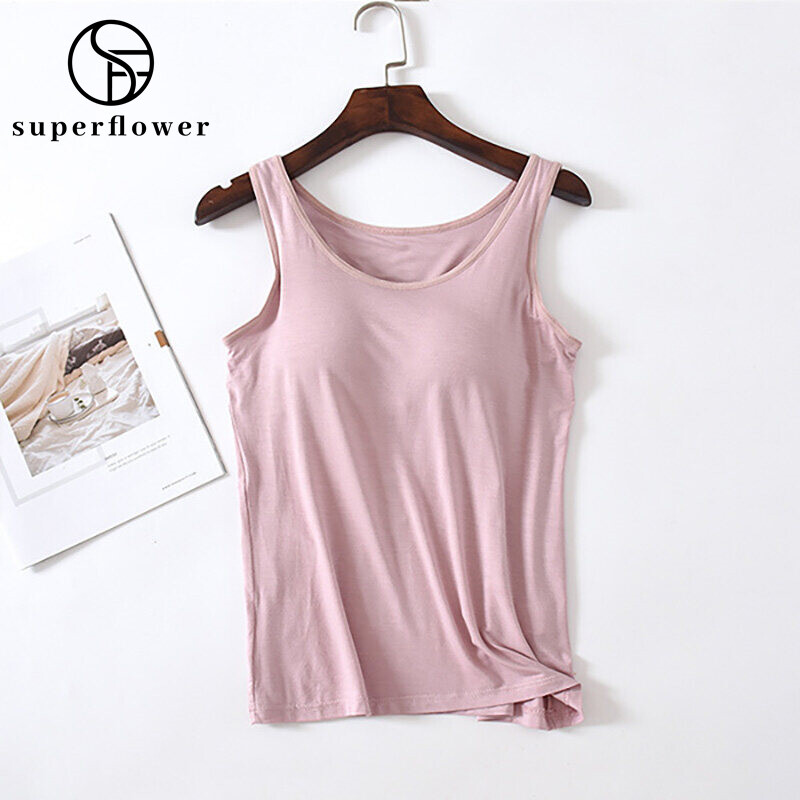 SUPERFLOWER Women's Tank-Top Modal Material Built-in Bra Padded Stretchable Breathable Fiess Camisole Tops Solid Push Up_voghion.com