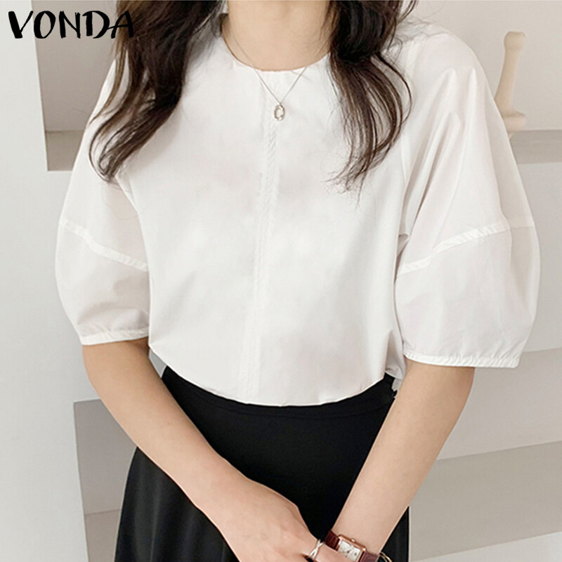 Mashychic vonda women fashion o neck solid color tops pleated puff sleeve casual blouse