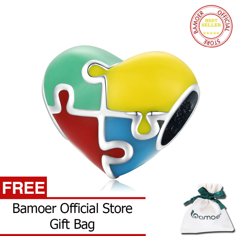 BAMOER 925 Sterling Silver Charm Love Jigsaw Colorful Bead Pendant Fit Original Bracelet Necklace For Women Jewelry BSC547
