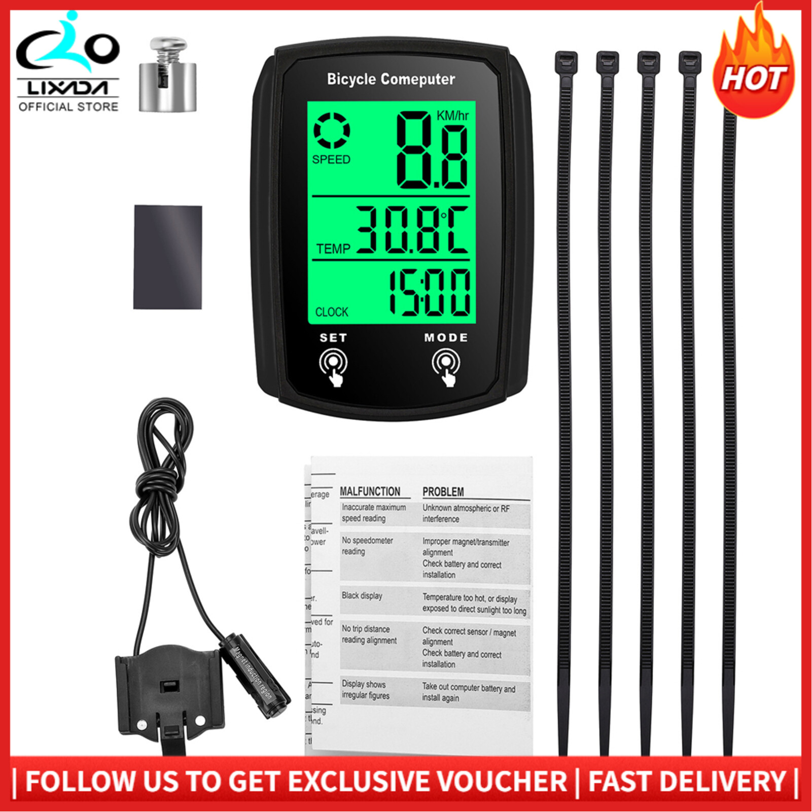 LIXADA Wired Bike Computer LED Digital Bicycle Speedometer Odometer Touchscreen Cycling Computer Waterproof with Backlight for Mountain Road Bike