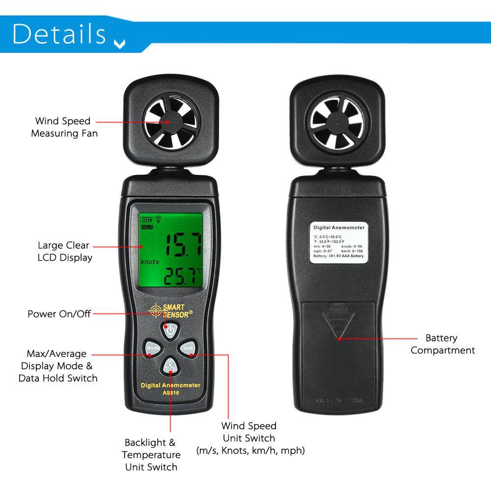 Cảm Biến Thông Minh Mini Anemometer Màn Hình LCD Kỹ Thuật Số Đo Tốc Độ Gió Vận Tốc Không Khí Đo Nhiệt Độ Có Đèn Nền