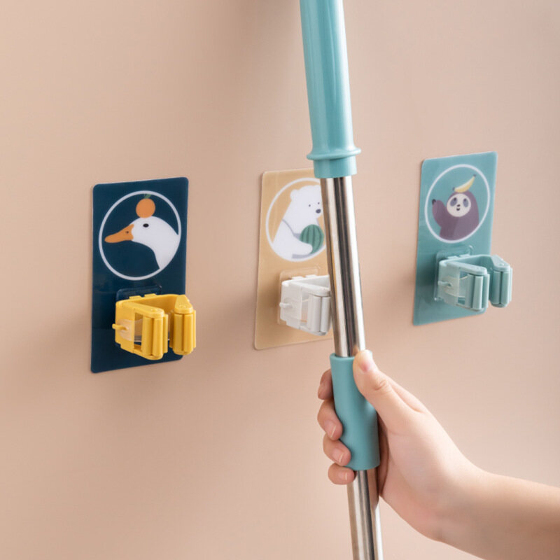 Mop Rack Cute Cartoon Mop Hook Clip Powerful Seamless Punch-free Bathroom Wall Rack Cartoon Sticky Hook