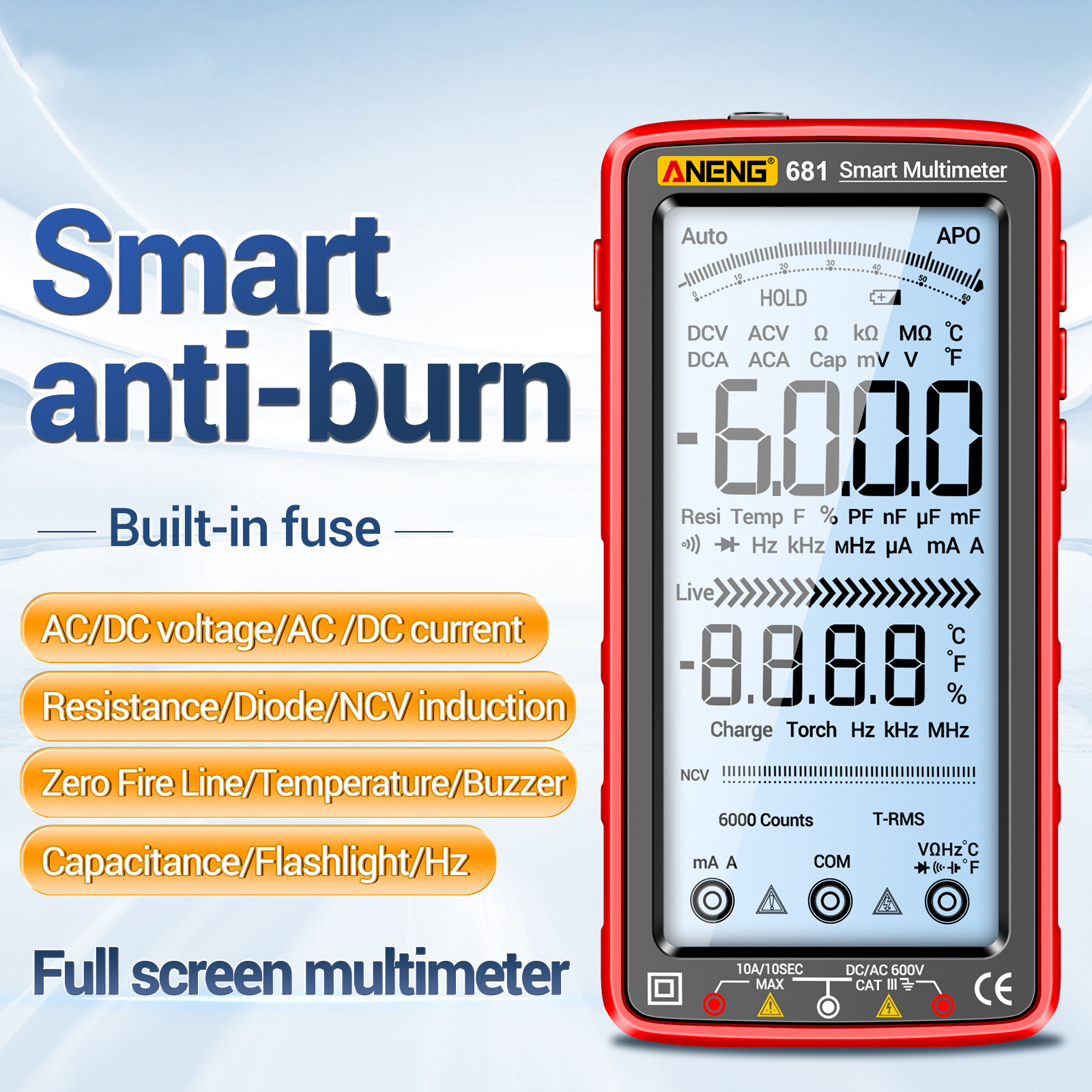 Meterk Aneng 681 6000 Đếm đa năng kế kỹ thuật số Thông Minh Chống-Đốt Có Thể Sạc Lại Đồng hồ vạn năng Bộ dò NCV 5-Inch LCD lớn Với Backlit Đèn Pin Cho Điện Trở dòng điện áp Điện Dung Tần Số On/Off Diode Đo Lường