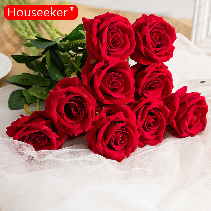 Houseeker Red Rose Flowers Silk Real Touch Artificial Flowers Valentine's Day Home Wedding Decorations Fake Flowers