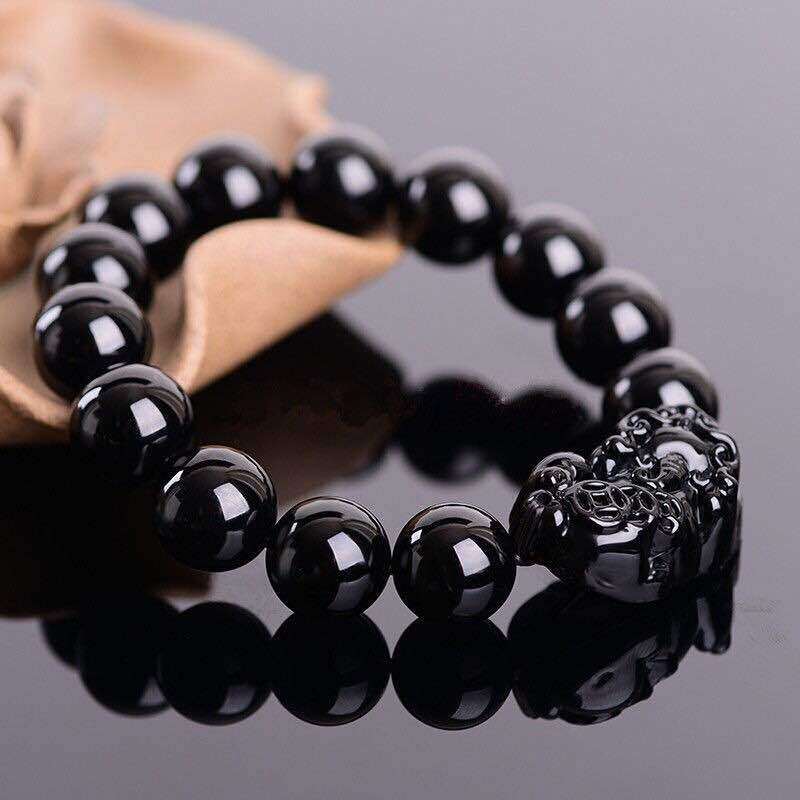 Fashion Natural Stone Black Obsidian Pixiu Bracelet Men Women Unisex Pixiu Lucky Bracelet Jewelry
