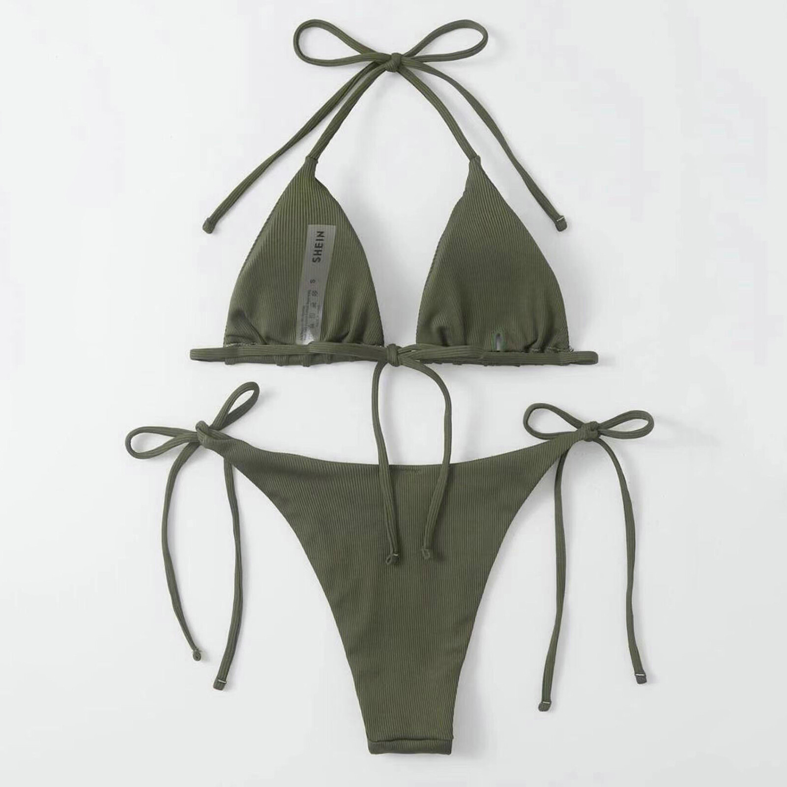 Witty Code 2Pcs/Set Ribbed Backless Pads Bikini Set Halter Triangle Bra Side Tie Thong Swimwear Beachwear Bikini Set Ribbed