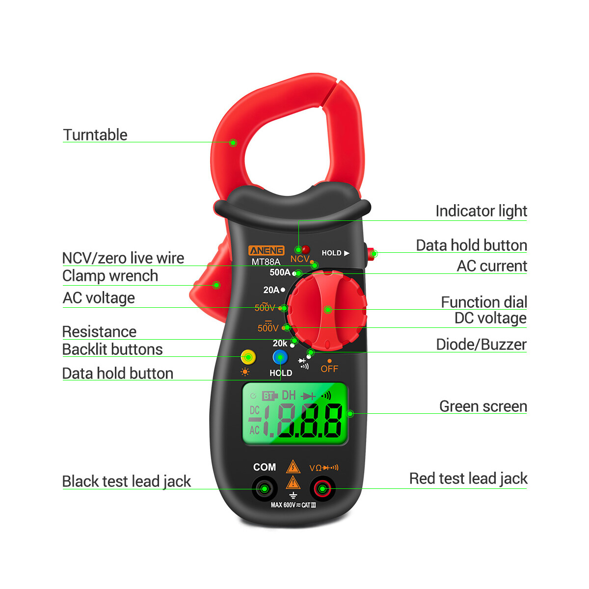 Smart Sensor MT88A Clamp Meter Multimeter LCD Digital Universal Meter 1999 Counts Auto Range Handheld DC/AC Voltage Voltmeter 500A AC Current Ammeter Frequency Capacitance Tester NCV Test Data Hold Green Backlit Screen