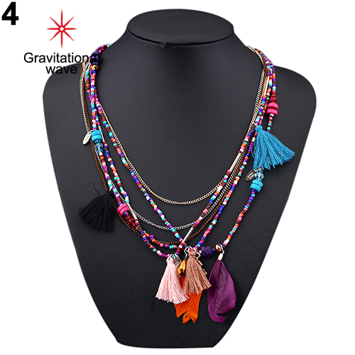 Hạt tua rua lông vũ phong cách dân tộc boho cho nữ, dây chuyền nhiều lớp