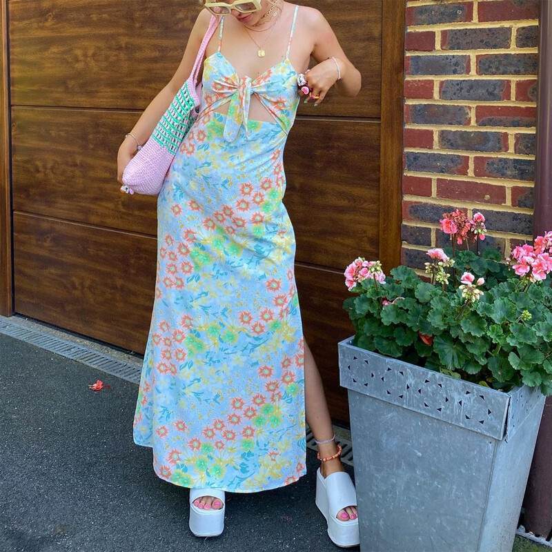 Moderntime Women Floral Print Long Dress Sexy Sleeveless Hollow Out V-Neck Slit Dress Women Sexy Slit Sleeveless Summer Long Dress