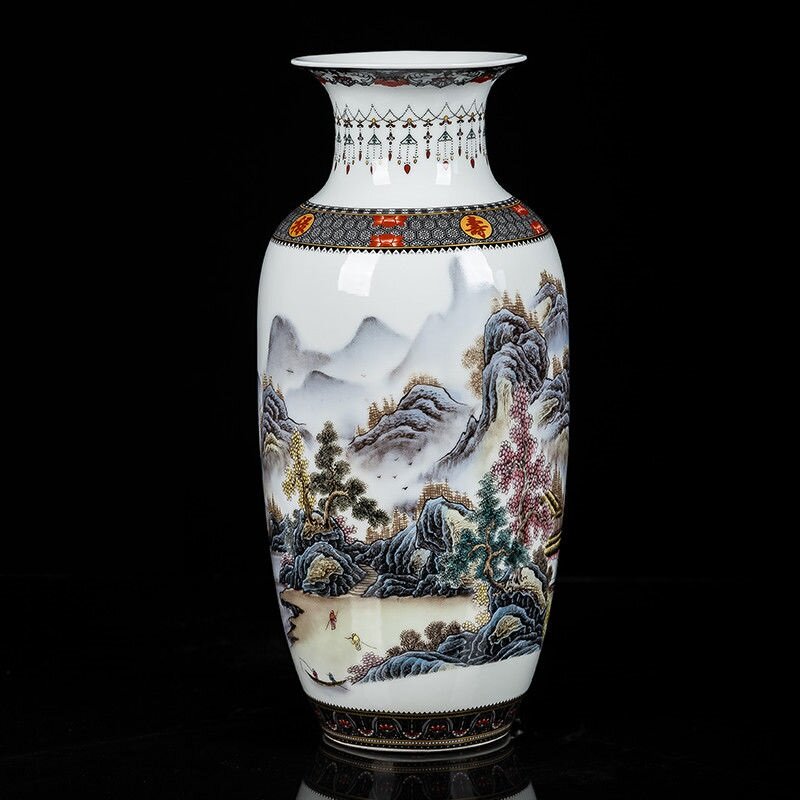 37CM Ceramic Vase Wooden Base Ornaments Home Decorations Furnishings TV Cabinet Living Room Cabinet Decoration