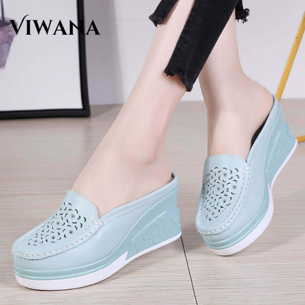VIWANA Giày Đế Xuồng Cho Nữ Giày Da Thật Màu Trắng Thường Ngày Phong Cách