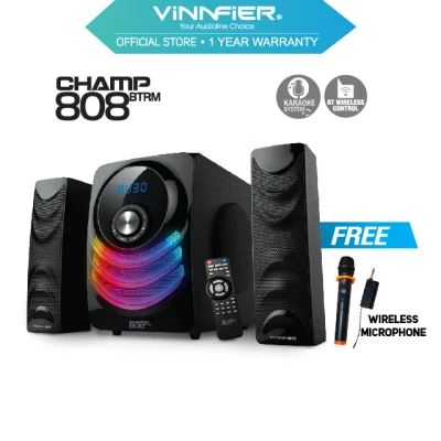 Vinnfier Champ 808 BTRM Bluetooth Multimedia 2.1 Speaker with Karaoke System 7 Modes LED FM Radio USB and SD Card Slot Free Wireless Mic