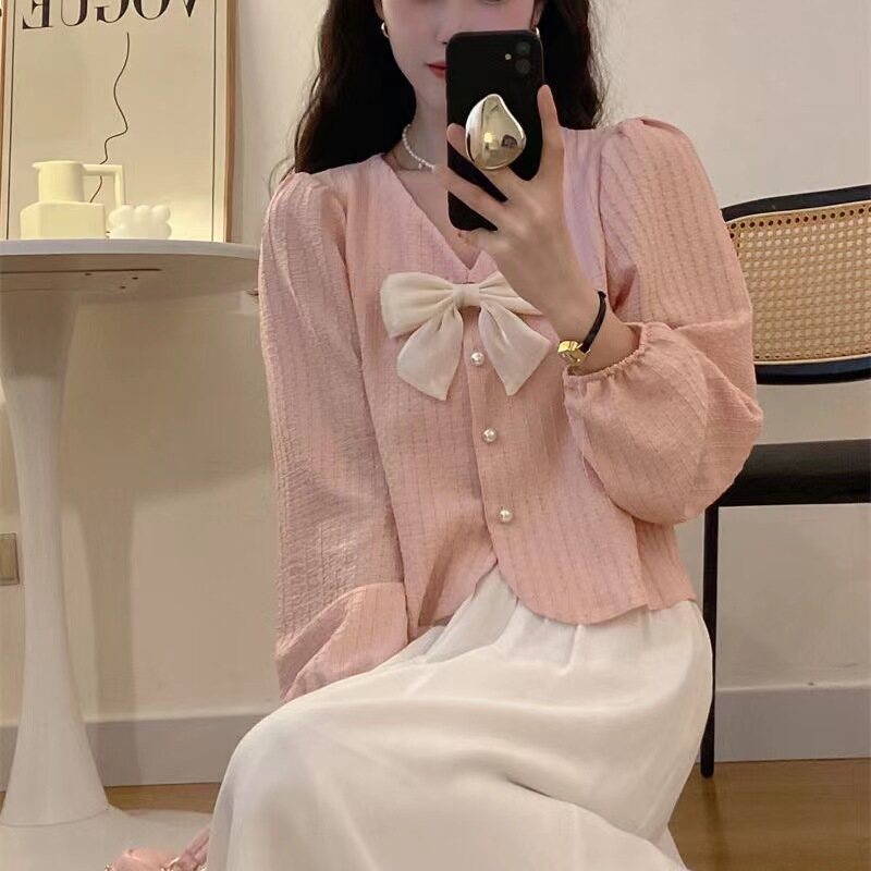 Bow tie shirt, women's long sleeved thin top