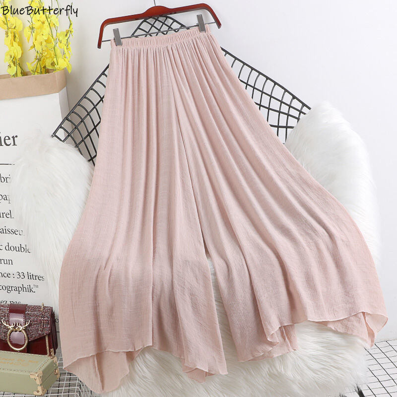 Quần Vải Lanh Và Cotton Mỏng Eo Co Giãn Phong Cách Retro Mùa Xuân Và Mùa Hè Mới Quần Váy Vải Lanh Xòe Lớn Dễ Phối Màu Thuần Khiết Cho Nữ