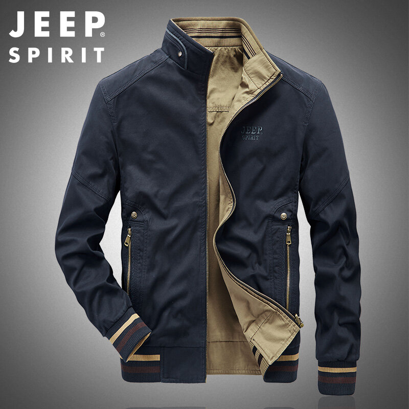 JEEP SPIRIT Men's Jacket Oversized Double Sided Loose Collar Jacket Cotton Outdoor Casual Multi Pocket Work Jacket