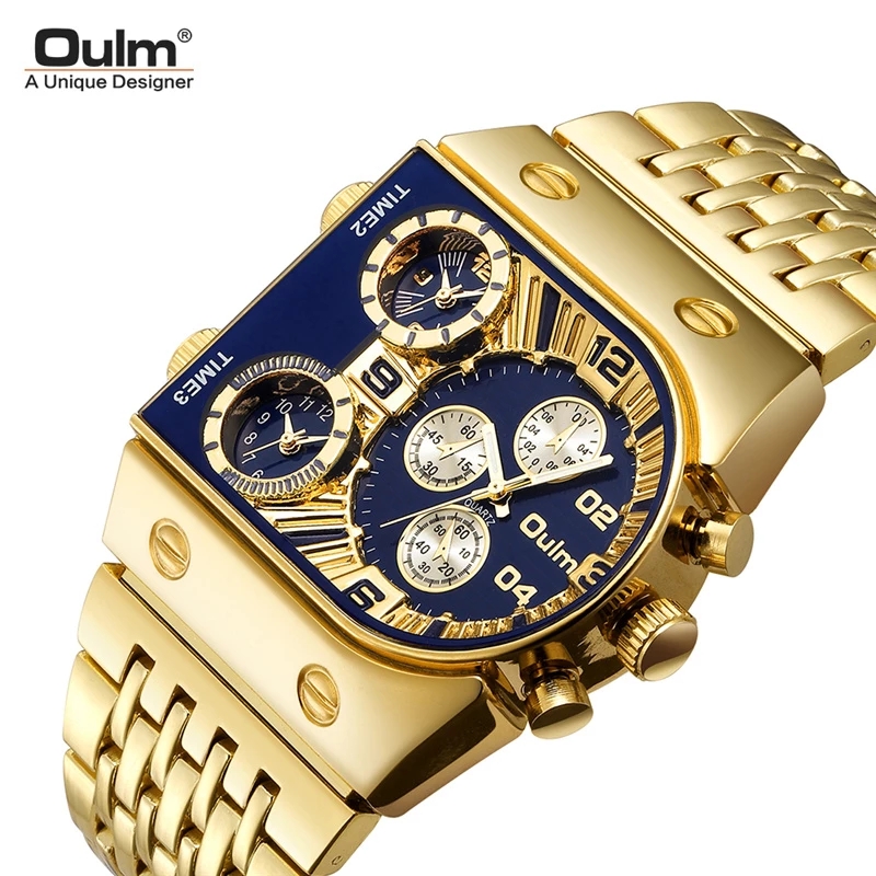 Oulm brand fashion business, 3 time zones, large dial, quartz men's watch