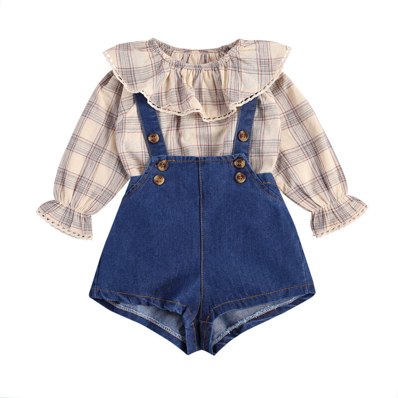 2Pcs Newborn Baby Girls Ruffled Crew Neck Sleeve Denim Shirt Button Overalls Outfit Sets