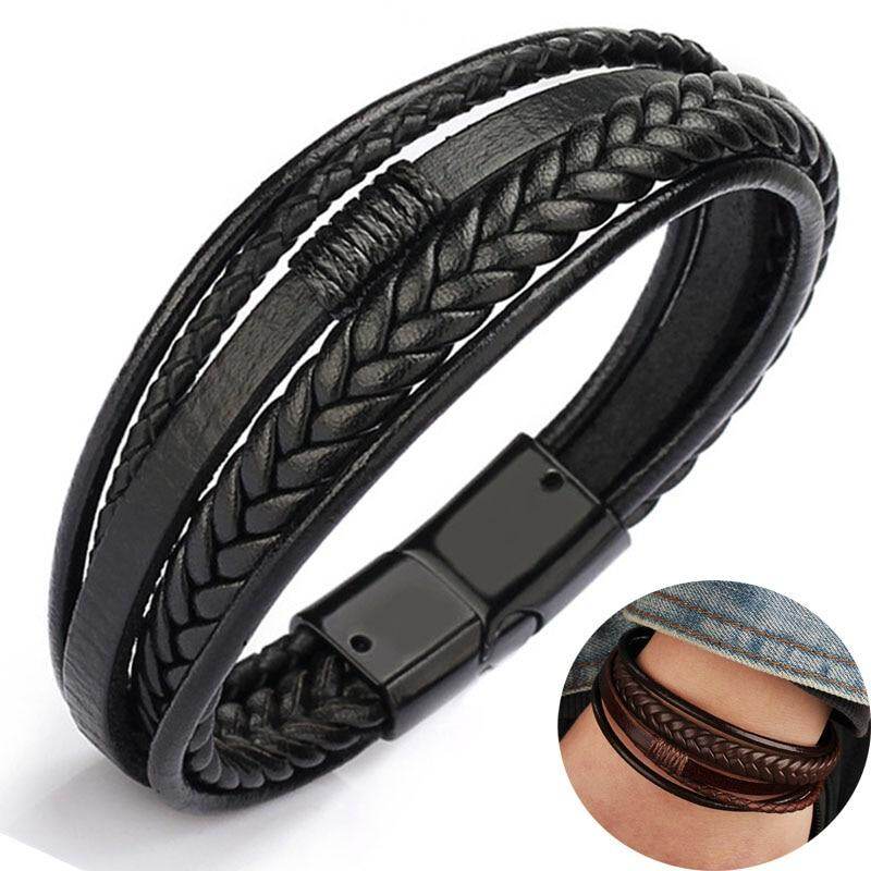 wgk Leather Bracelet Men Magnetic Buckle Cowhide Knitted Multi layer Wrapping Bracelet for Men