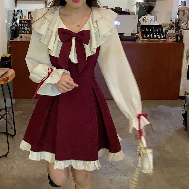 XIYUYI French bow dress 2023 college style autumn and winter sweet A-line skirt